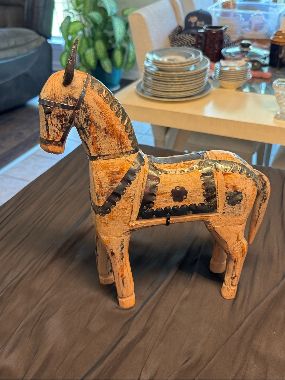 Distressed Wooden Horse Figurine with Metal Stud Detail - Tan & Black